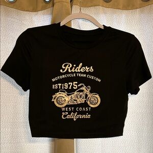 SHEIN Black Crop Top with Gold Motorcycle Graphic